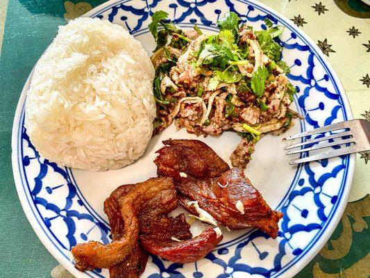 Sticky rice, beef larb, garlic pork