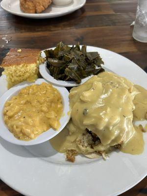 Chicken and dressing with mac n cheese and greens