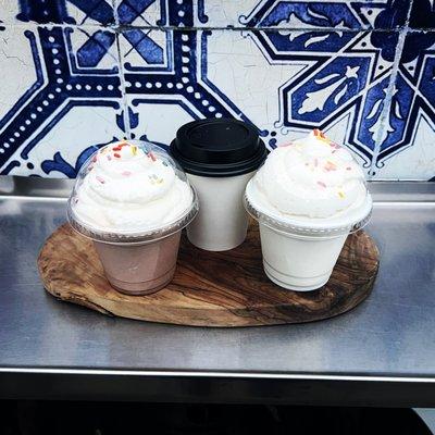 Kids drinks. Chocolate milk, hot chocolate, and vanilla steamer. Made with Ghirardelli chocolates and house-made whipped cream.