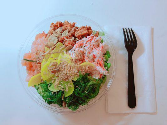 The salad bowl is amazing with so many salmon and avocado. I love the crab salad and seaweed salad as well.