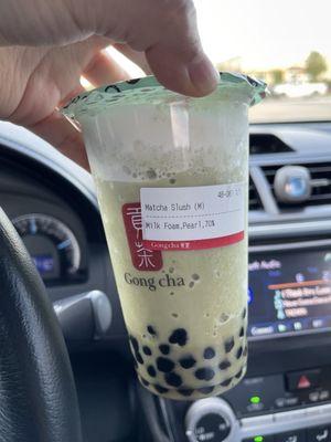 Matcha Milk Slush with Milk Foam and Tapioca Pearl