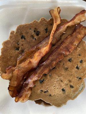 Whole wheat blueberry pancakes with bacon