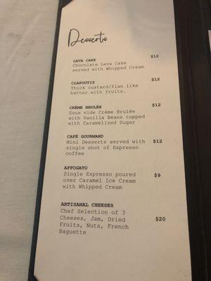 Dessert menu