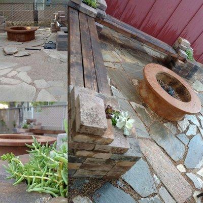 Succulent seating, flagstone patio, fire pit, concrete, succulents