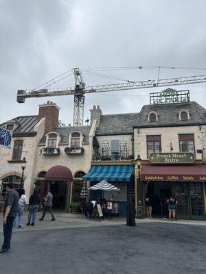 French Street Bistro at Universal Hollywood. The construction derrick in the background is working on a new attraction.