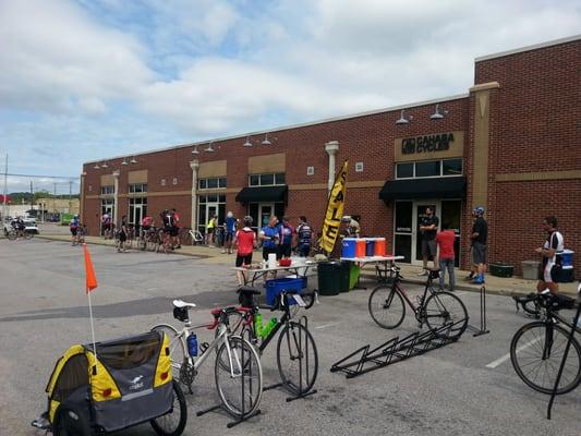 The pit stop setup and some of my fellow riders for Le Tour de Cahaba 2014.  What a great, organized ride!