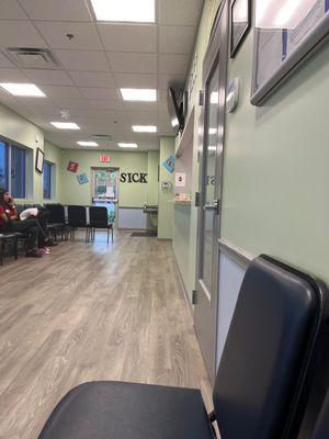 Waiting room has a bathroom, water fountain and area for sick patients to sit away from we'll child visit patients.