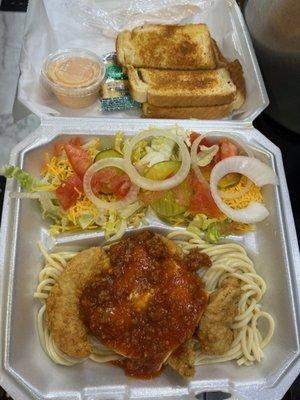 Chicken parmesan side salad and garlic toast