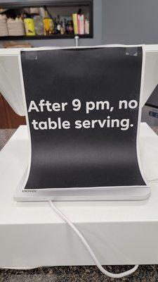 Table Serving close after 9pm