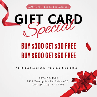 Gift Card Special
Buy $300 Get $30 Free
Buy $600 Get $60 Free
*Gift Card available
*Limited Time Offer