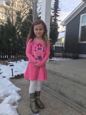 Granddaughter, Heidi, off to school in Boulder wearing her favorite outfit from Hopscotch!