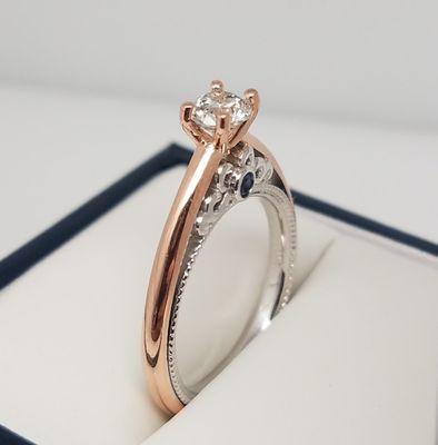 Custom Design Rose Gold Diamond Engagement Ring featuring White Gold Open Work and Blue Sapphire Accents*