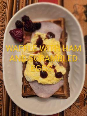 Waffle with ham and scrambled eggs