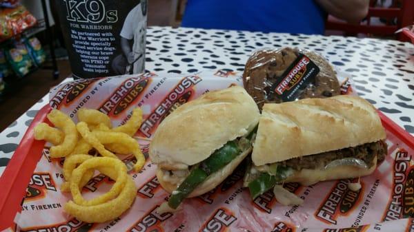 Firehouse steak and cheese with melted provolone cheese and Sautéed onions is delicious!