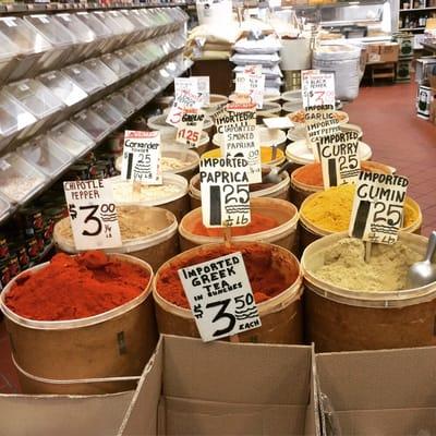 Huge selection of spices, Greek products, nuts, cheeses and pita breads.