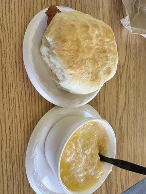 Chicken biscuit and cheese grits