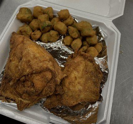 Chicken breast dinner with fried okra