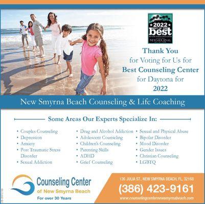 Winner of the Best of the Best Counseling Center in Volusia County for 2017,2018,2019,2020,2022