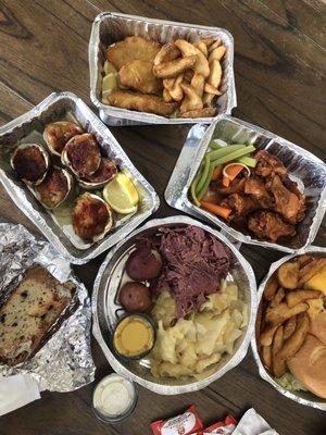 Fish & Chips, Baked Clams, Half Pound Cheeseburger, Chicken Wings, and corned beef and cabbage