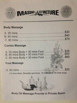 Massage option price list posted inside lobby.