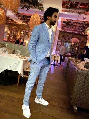 Linen suit, fitted and tailored by Gina. Look at how amazing he looks.