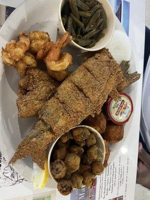 2 piece Catfish with shrimp, okra, green beans and hush puppies.