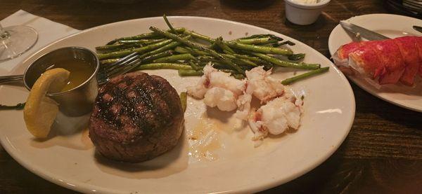 6 oz filet mignon with a lobster tail and asparagus