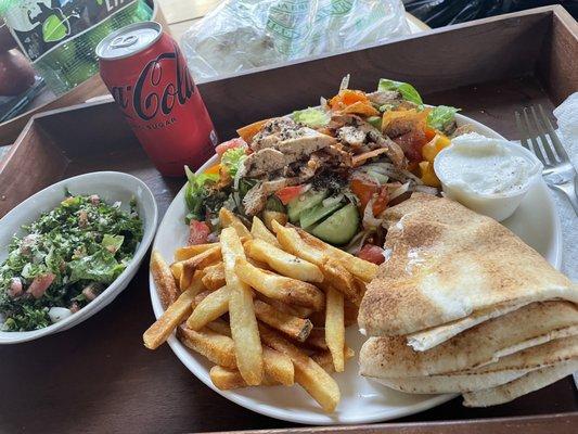 Tabbouli Salad, Fattoush Salad with grilled chicken, fries, pita, and garlic whip.