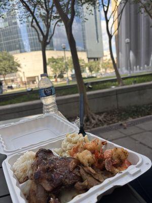 Shrimp, teriyaki chicken , Hawaiian Mac salad and white rice