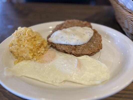 Country fried steak, bland and you will have to smear the gravy over your meat!