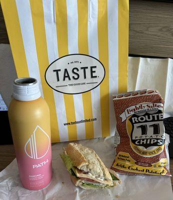 Northender sandwich, route 11 chips and a sparkling water