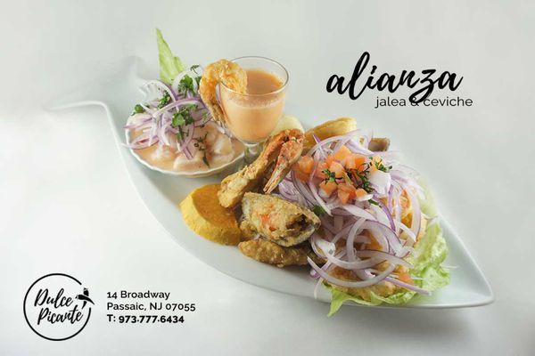 Alianza (jalea & ceviche). Mix of fried seafood & fish ceviche.