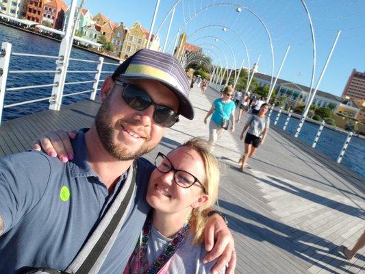 Here we are at the floating bridge in Curacao!