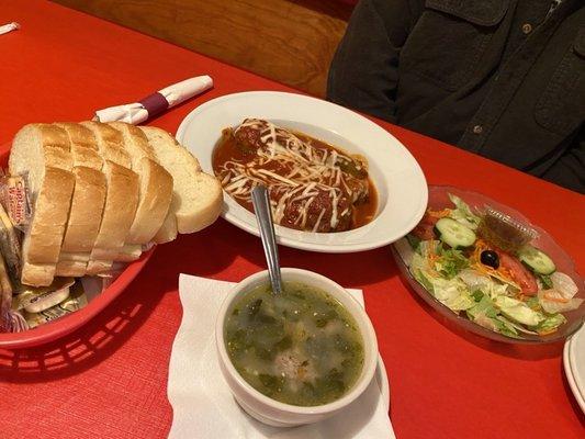 Wedding soup,salad,stuffed banana peppers,Italian bread!