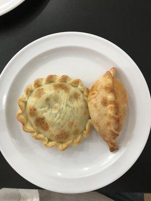 Spinach and ricotta cheese empanada on the left and beef empanada on the right.