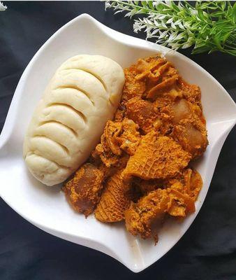 Poundo Yam, Egusi, goat meat