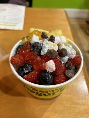 Frozen Yogurt (tart and pineapple) with many toppings