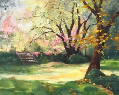 "A Walk in the Park, Spring" Oil by Joan L. Brown