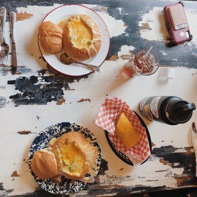 Potato soup in bread bowl