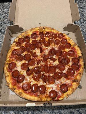 Pepperoni pizza with Mikes Hot Hoy!