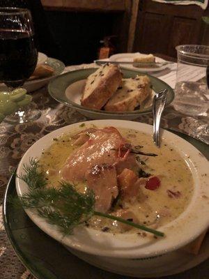 Salmon and corn chowder with Irish bread and whipped butter