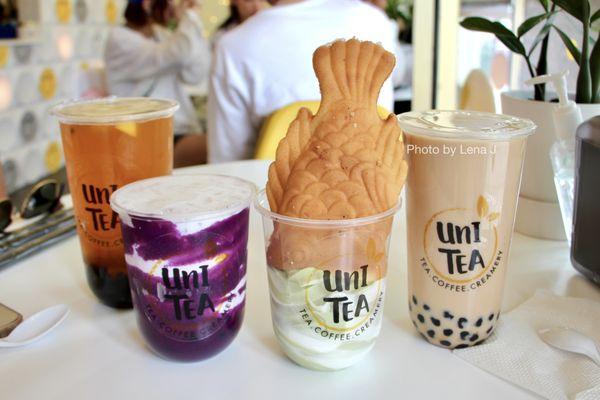 Unitea w Boba ($5.50), Ube Swirl w Boba, no cheese cap ($5), Milk & Matcha Swirl Taiyaki Soft Serve ($7.50), Black milk tea w Boba ($5.25)