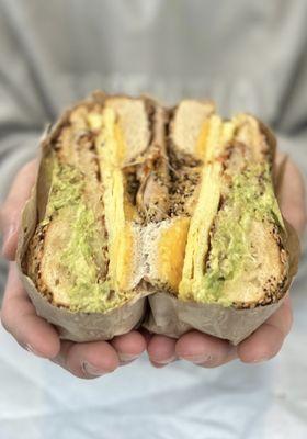 Mountain View CYM signature sandwich - egg latke, cheeses, mashed avocado