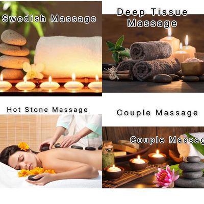 We offer Couple Massage, Deep tissue, walking back , cupping , hot stone massage, combination massage, Swedish massage