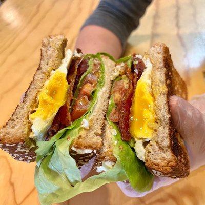 BLTEA!  Conecuh Bacon, local butter lettuce, fried farm egg, avocado, tomato & Mayo on multigrain bread!