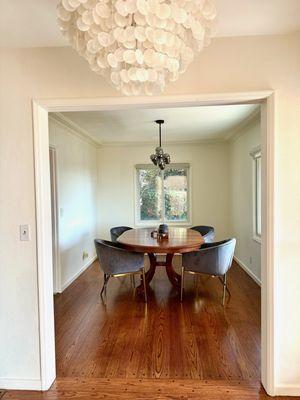 Hardwood floor is refinished. 
 Looks like brand new. This is a 74 years old house.