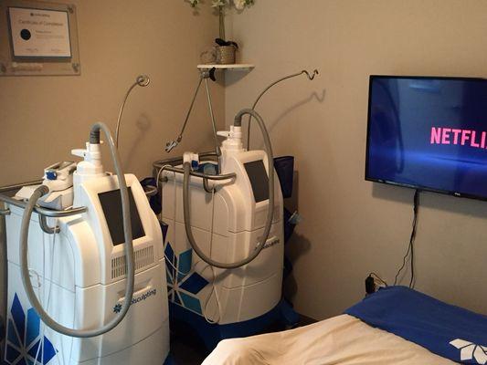 We offer two coolsculpting machines which cut treatments times in half.