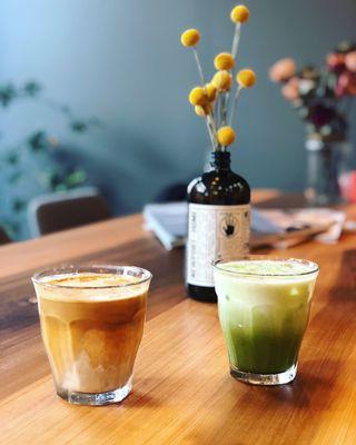 Dirty coffee  and Iced Matcha