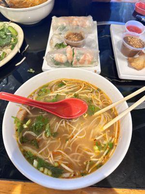 Beef Pho, Spring Rolls (2)