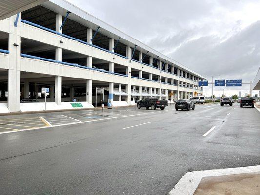 Parking structure where you can also pick up a rental vehicle.